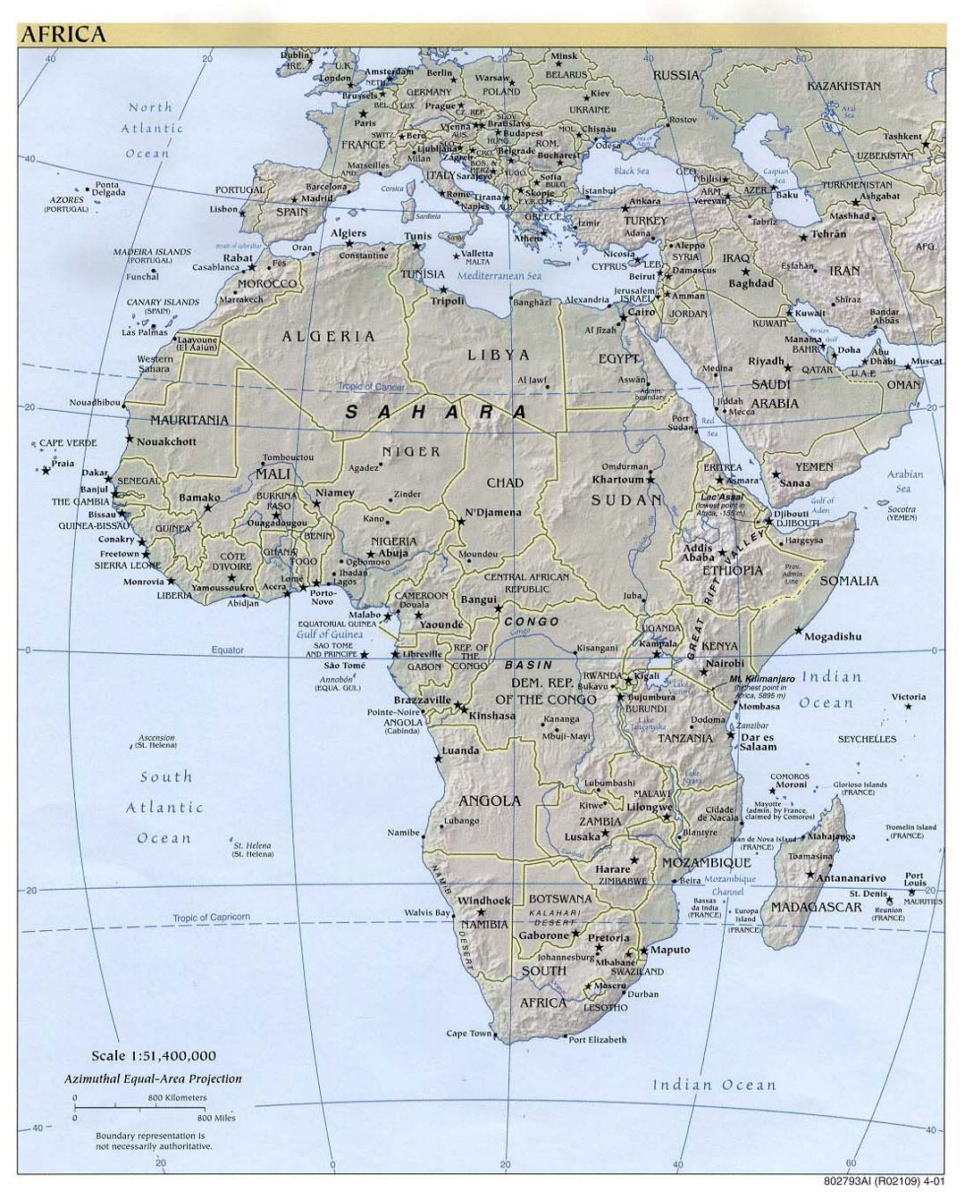 Mapa político grande de África, con alivio y capitales - 2001