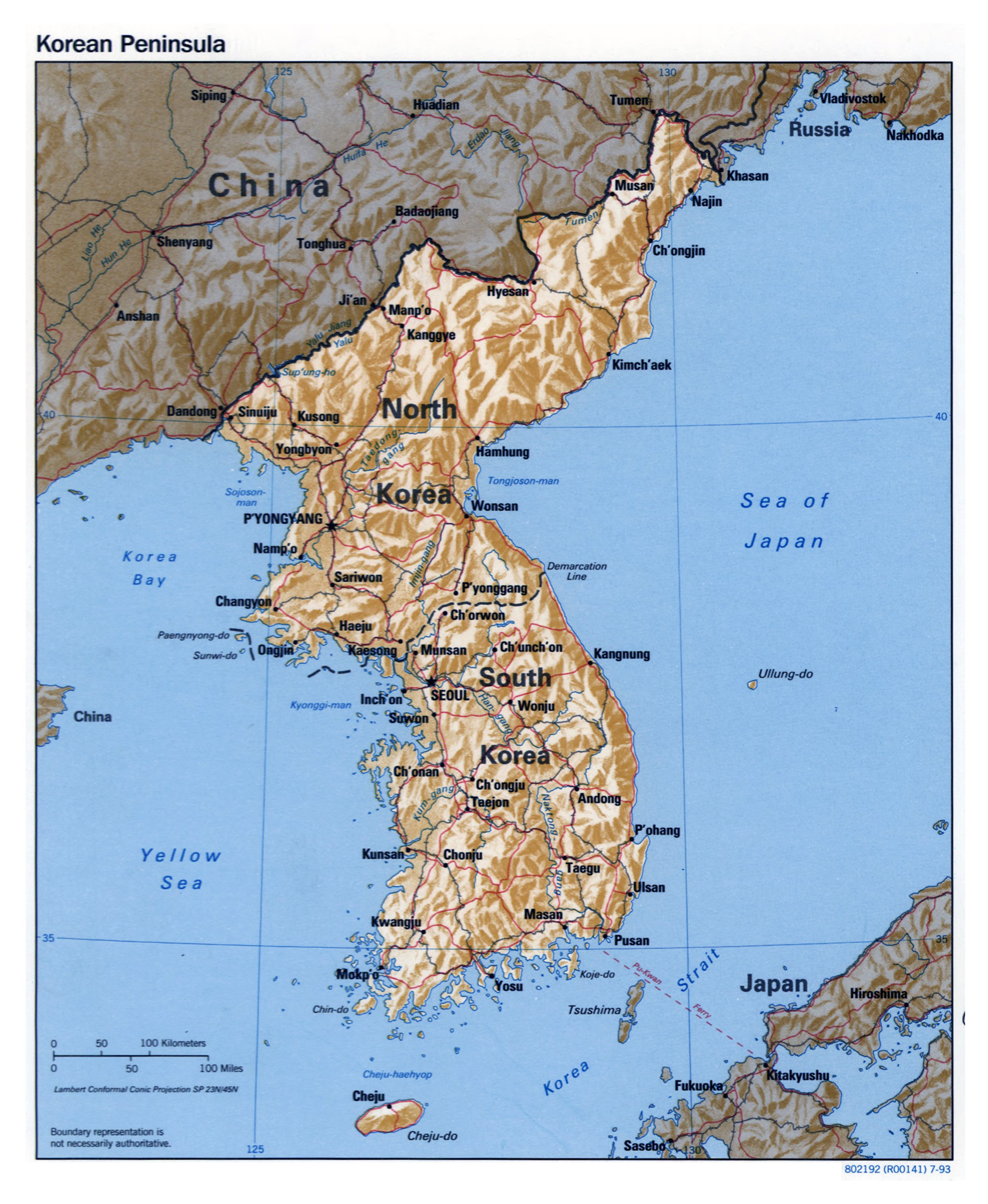 Grande Detallado Mapa Politico De La Peninsula De Corea Con Relieve Carreteras Ferrocarriles Y Principales Ciudades 1993 
