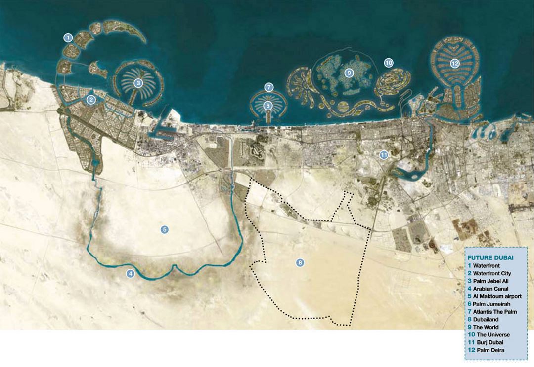 Detallado mapa satelital turístico de Dubai con leyenda
