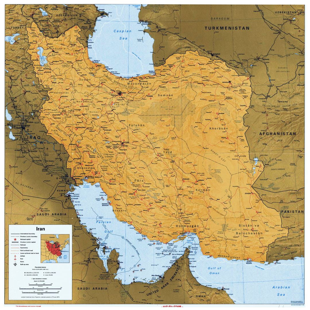 Grande detallado mapa político de Irán con socorro, todas carreteras, ferrocarriles, ciudades, puertos y aeropuertos - 1996