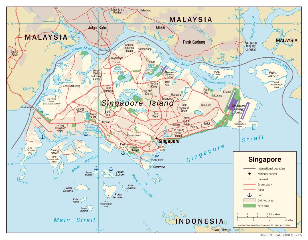 Grande mapa político de Singapur con carreteras, ferrocarriles, aeropuertos, puertos marítimos y otras marcas - 2005