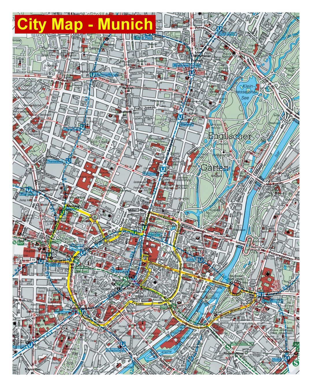 Mapa grande calle detallada de la parte central de la ciudad de Múnich