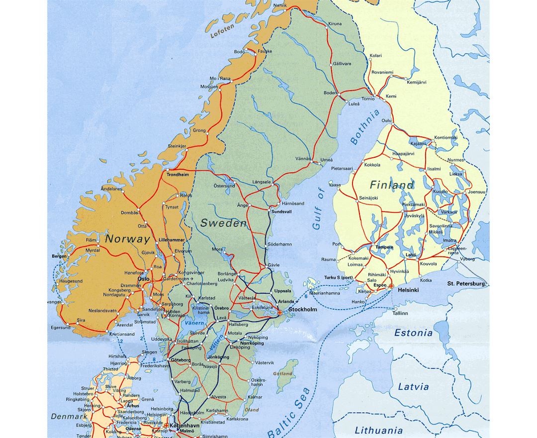 Mapa político simplificado dos países escandinavos e do norte da