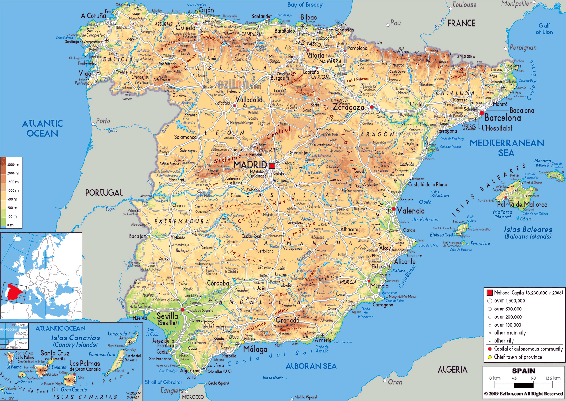 Grande mapa físico de España con carreteras, ciudades y aeropuertos, España, Europa