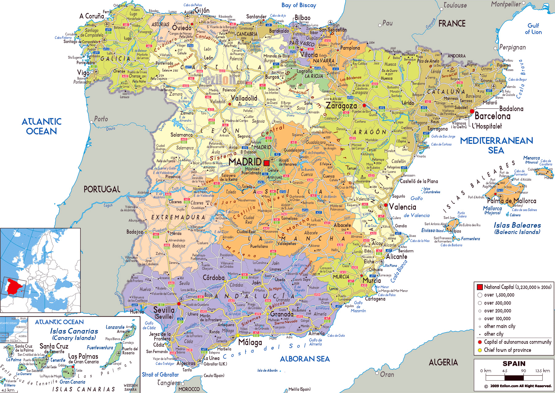Grande mapa físico de España con carreteras, ciudades y aeropuertos, España, Europa