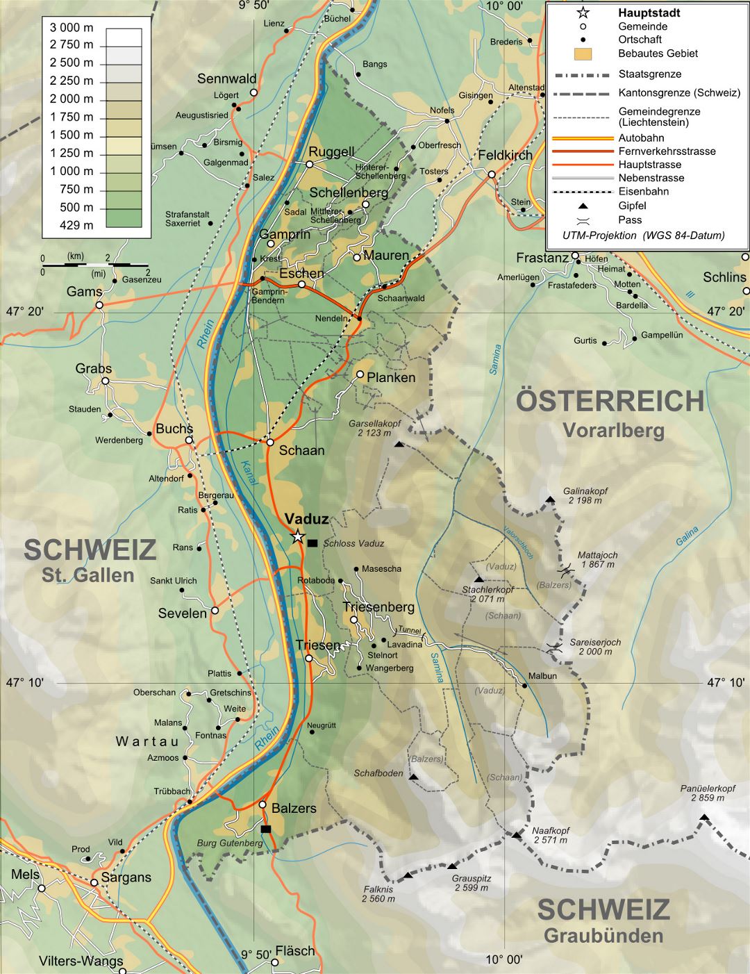 Grande mapa físico de Liechtenstein