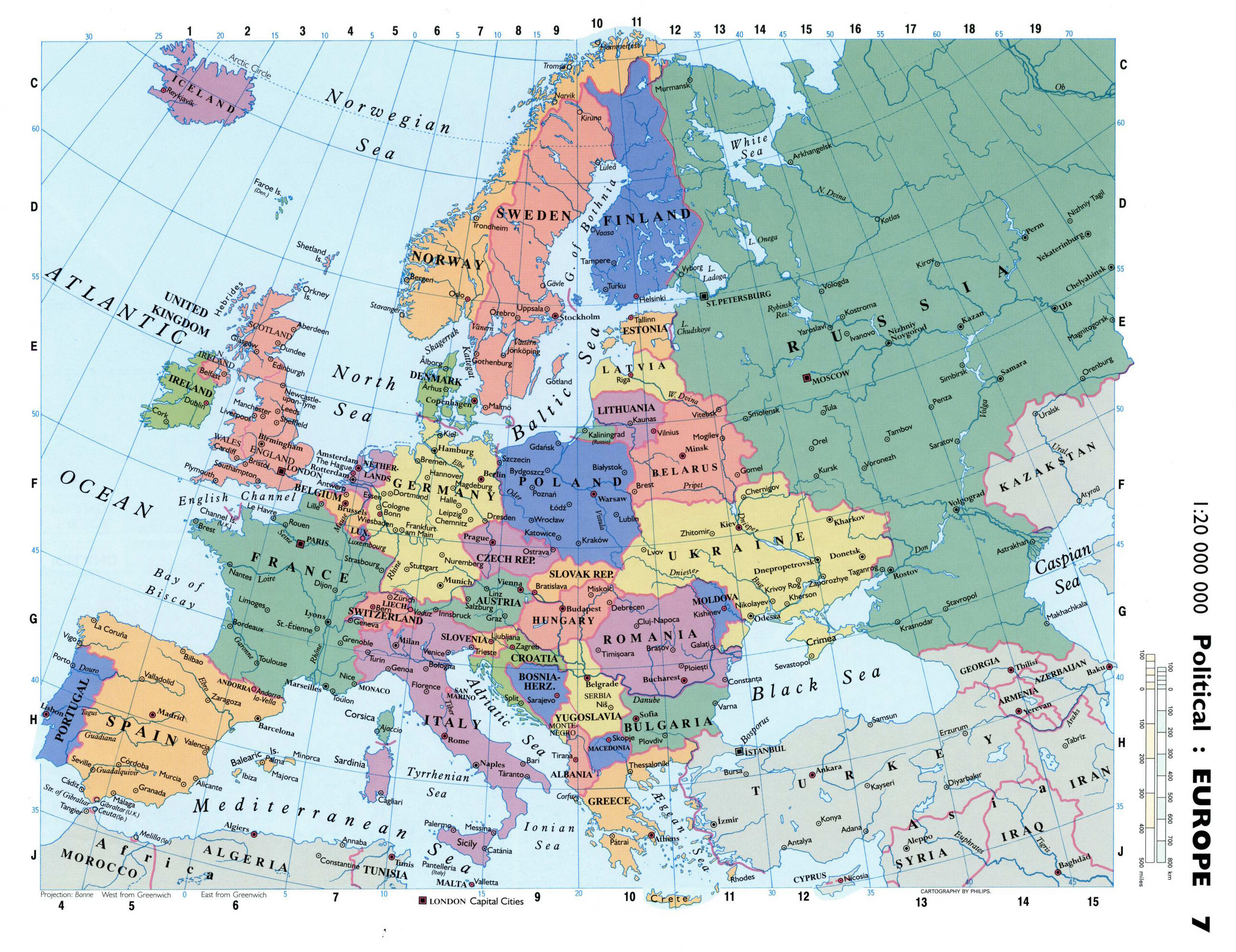 Mapa político detallado de Europa con las capitales y principales ciudades, Europa