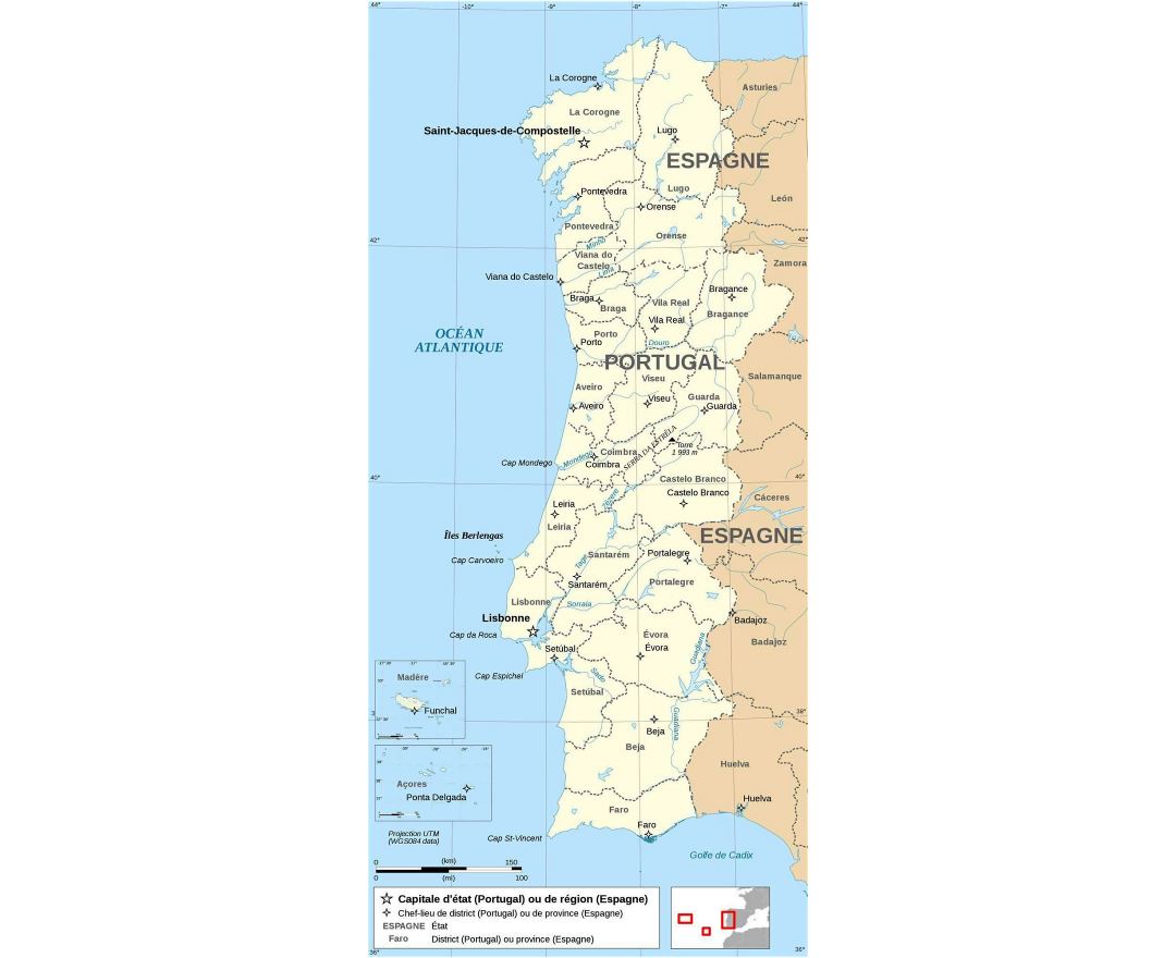 Detallado mapa político de Portugal con alivio, Portugal, Europa