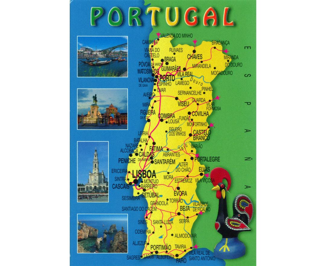 Grande mapa turístico de Portugal con caminos y ciudades, Portugal, Europa