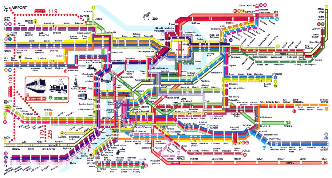 Mapa grande transporte público detallado de la ciudad de Praga