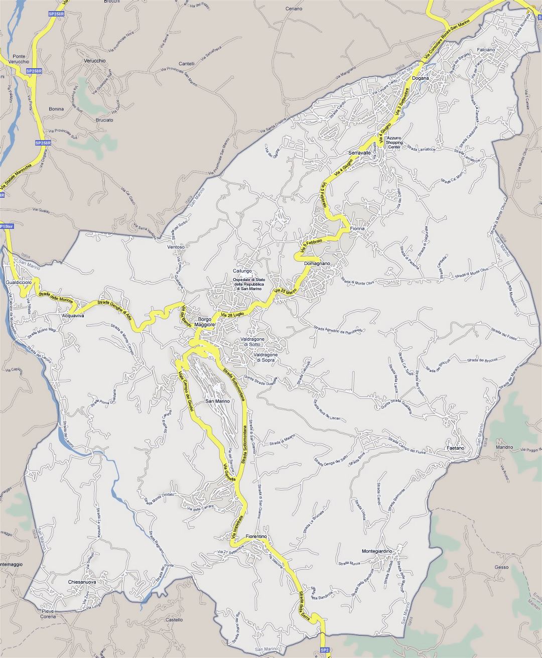 Grande detallado hoja de ruta de San Marino con ciudades