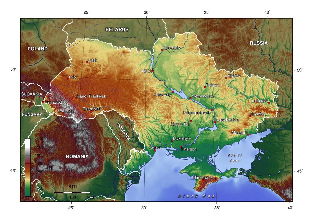 Detallado mapa topográfico de Ucrania